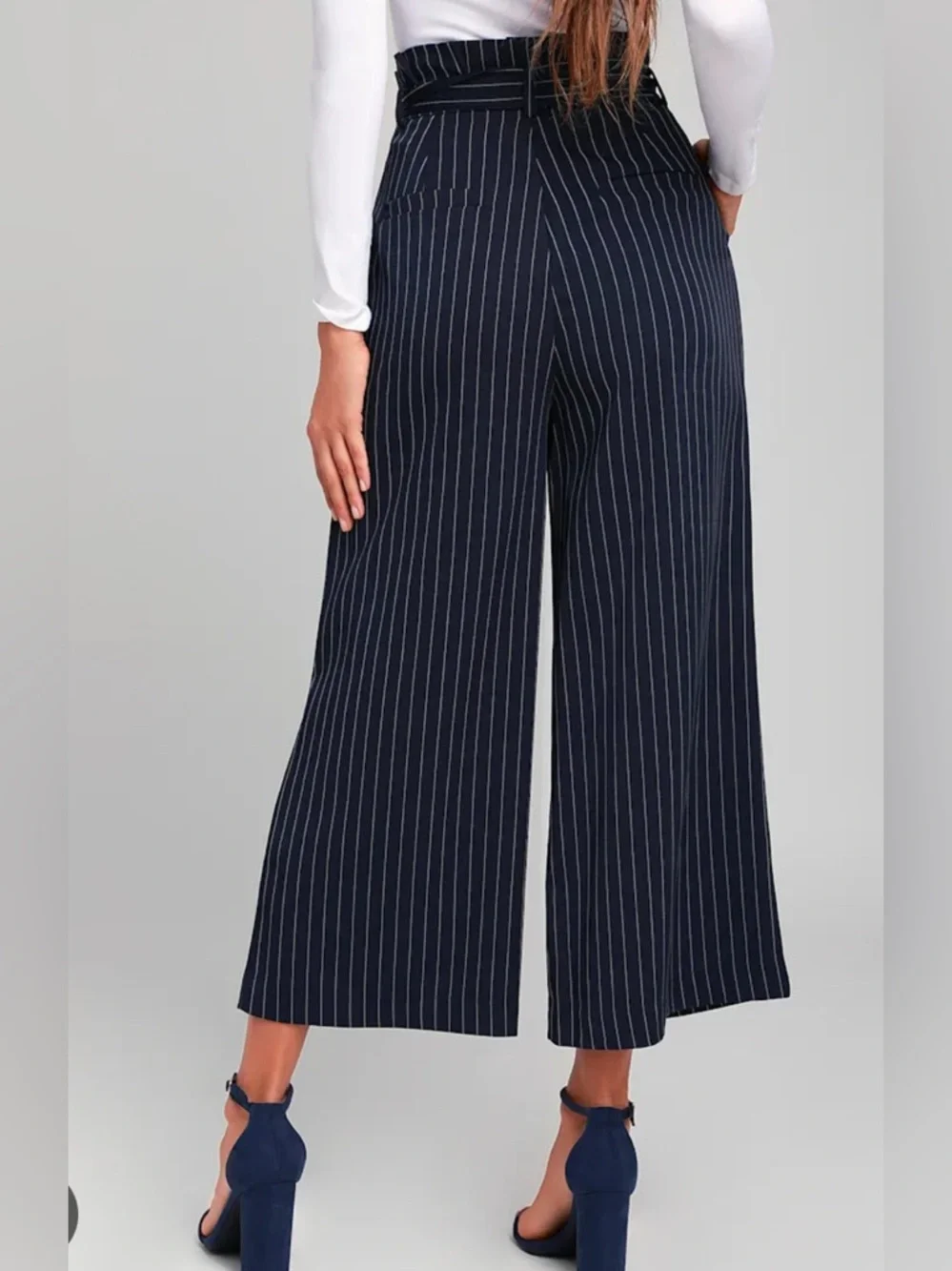 Lulu’s Mason High-Waist Navy Pinstriped Wide Leg Pants with Tie Waist - Picture 2 of 9